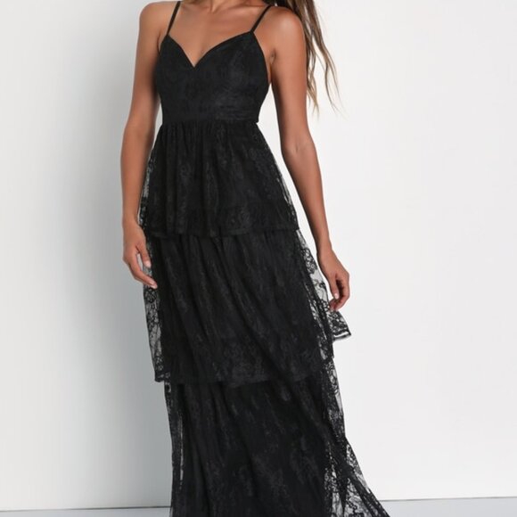 Lulus Dresses & Skirts - Lulus Tier I Go Black Lace V-neck Sleeveless Tiered Maxi Dress - Size XL